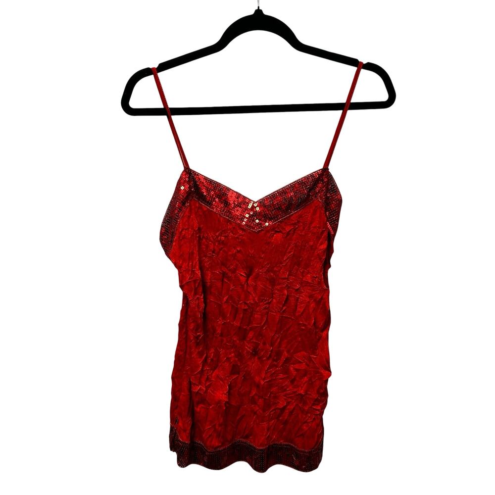 Younique Y2K Red Sequin Embellished Trim Side Slit Crinkle Cami Womens Medium
